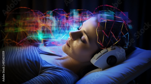 Brainwave Monitoring in a sleep study lab top view tracking sleep patterns and brain activity digital tone Splitcomplementary color scheme