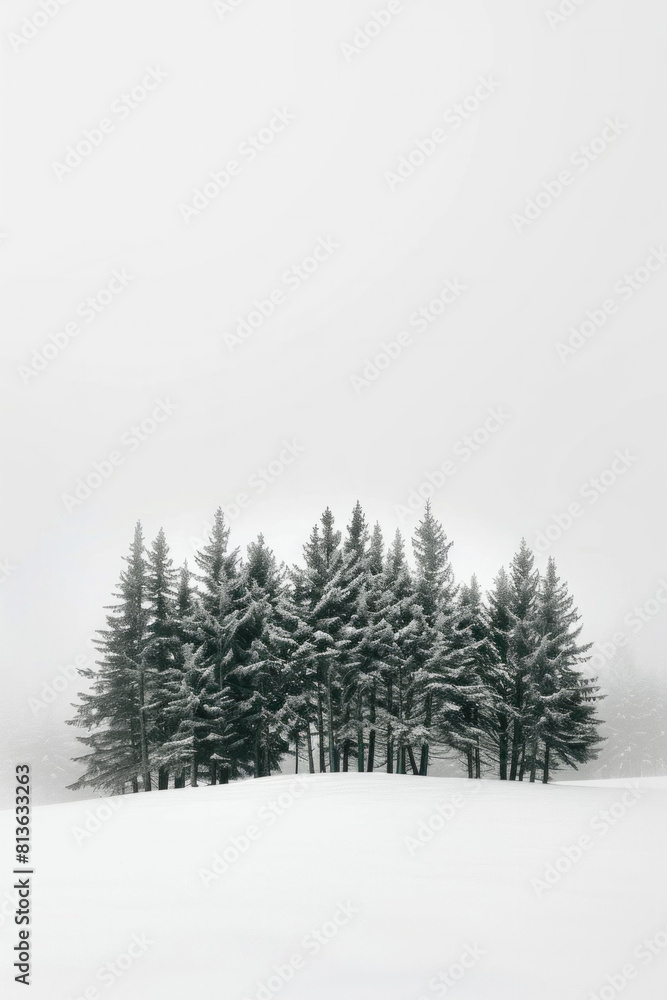 Capture the quiet beauty of a snow-covered evergreen forest, with tall trees standing tall against a backdrop of pristine white snow. The minimalist composition, with just the trees and snow. Capture the quiet beauty of a snow-covered evergreen forest, with tall trees standing tall against a backdrop of pristine white snow. The minimalist composition, with just the trees and snow.