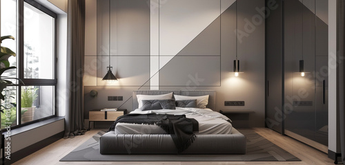 Sleek and modern Scandinavian loft bedroom with geometric patterns, clean lines, and a monochromatic color scheme.