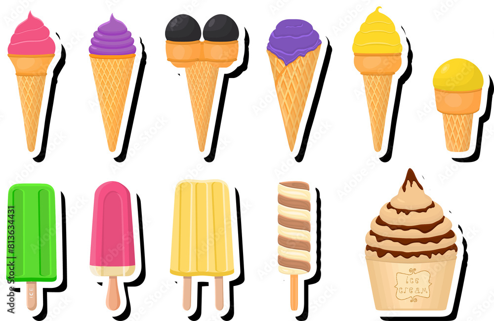 Illustration on theme big kit ice cream popsicle different types in cone waffle cup Illustration on theme big kit ice cream popsicle different types in cone waffle cup