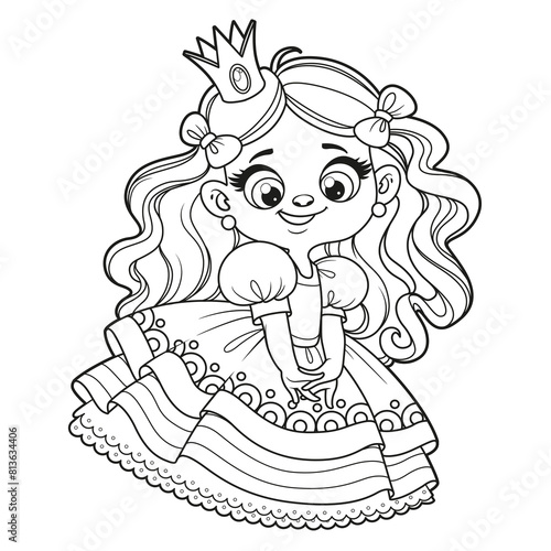 Cute cartoon longhaired coquettish girl in a princess dress outlined for coloring page on white background