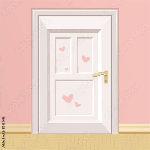 Rectangular white wooden front door on a pink wall background