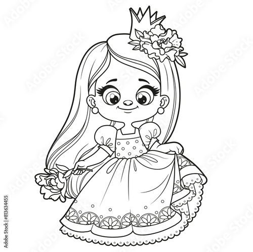 Cute cartoon longhaired girl in a princess dress with big flower in hand outlined for coloring page on white background