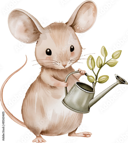 Little mouse with a watering can. Watercolor vector illustration