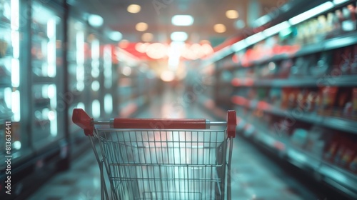 Empty shopping cart on supermarket blurred background. Generated AI image