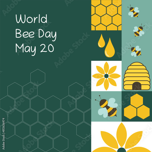 World Bee Day May 20 - Schriftzug in englischer Sprache - Modernes Plakat mit Bienen, Honigwaben und Blumen. 