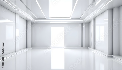 A minimalist white room with a bright light shining in from a window  casting stark shadows on the empty space