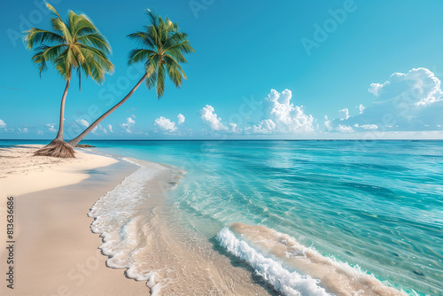 Palm trees on a tropical ocean beach with blue sky