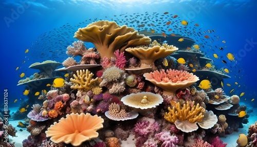 Fototapeta Naklejka Na Ścianę i Meble -  A vibrant coral reef teeming with fish and colorful corals in crystal-clear waters