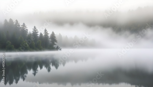 A lake covered in mist with trees surrounding it photo