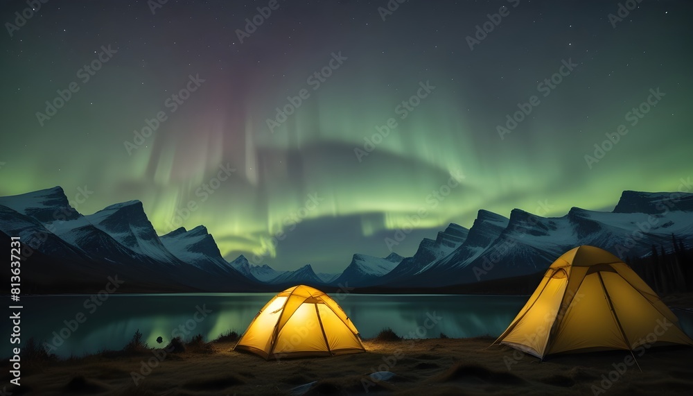 Two camping tents set up under the vibrant colors of the Aurora Borealis in a remote location