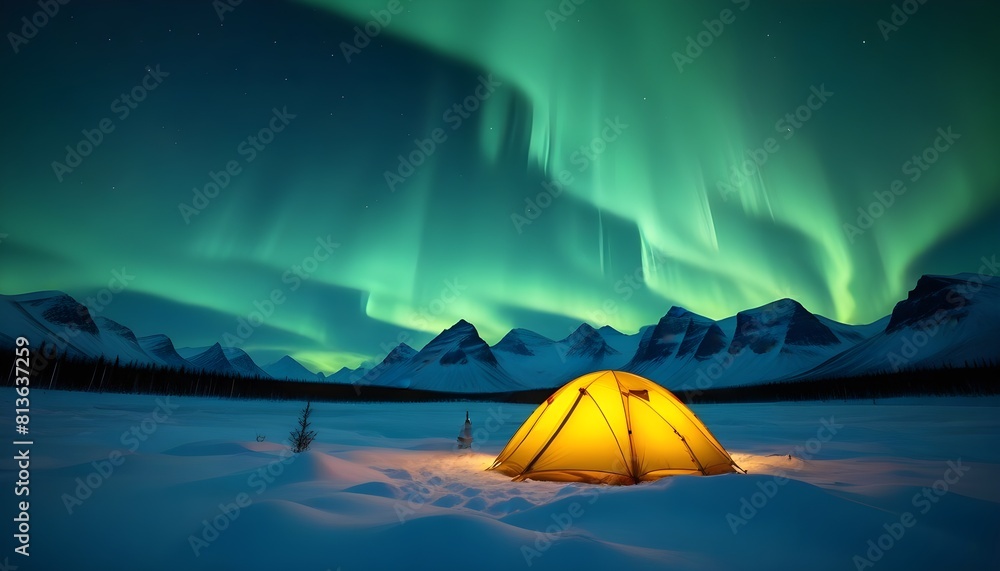 A tent illuminated under the vibrant lights of the aurora borealis in a nighttime scene