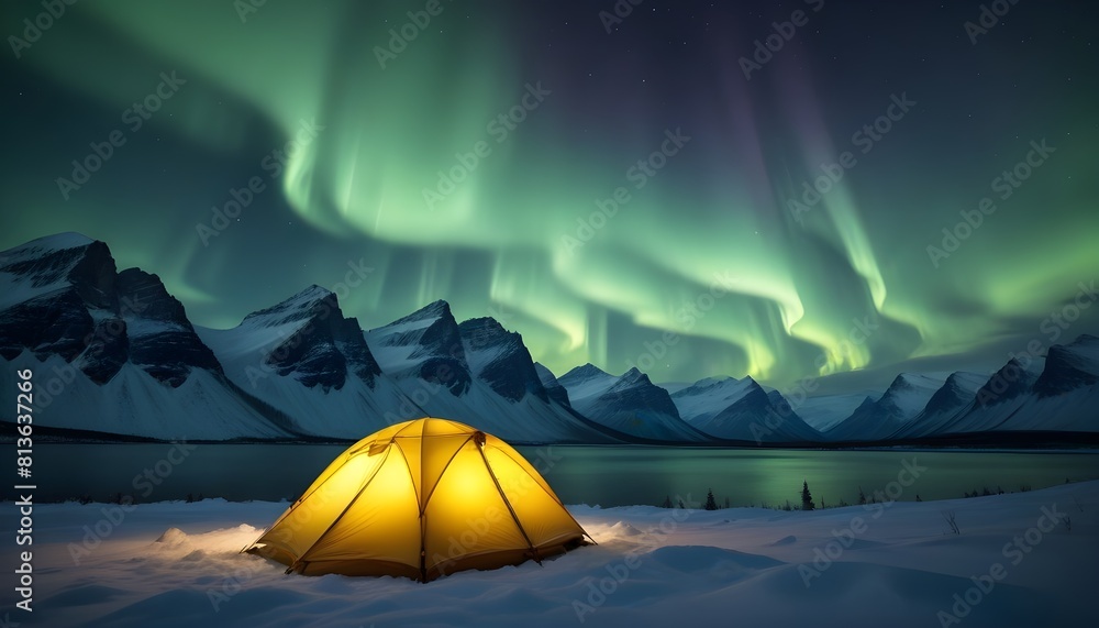 A tent sits beneath the dancing lights of the Aurora Borealis in a remote wilderness setting