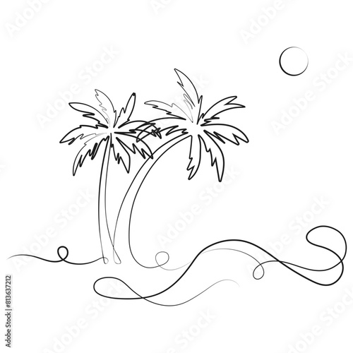 Two palm trees and sea waves One line drawing.Abstract tropical landscape continuous art line.Concept of summer vacation tourism and travel.Simple vector illustration.Abstract drawing