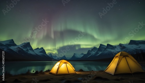 Two camping tents set up under the vibrant colors of the Aurora Borealis in a remote location