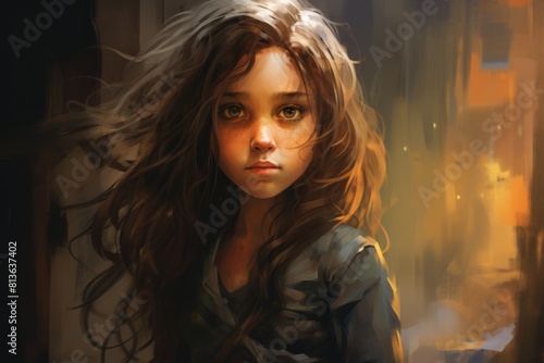 Young girl with long brown hair, wearing simple in the style of digital art on abandoned cityscape at dusk background with warm lighting. Her eyes have an expression of sadness and hope.