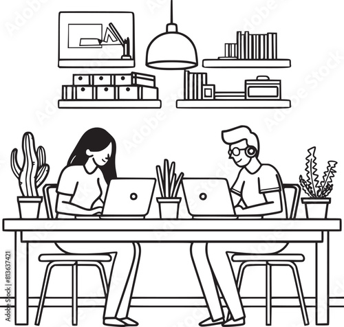 vector illustrations with flat cartoon characters working in office, co-working space or remotely at home, freelance, self-employment. People work at computers and laptops in modern interior.