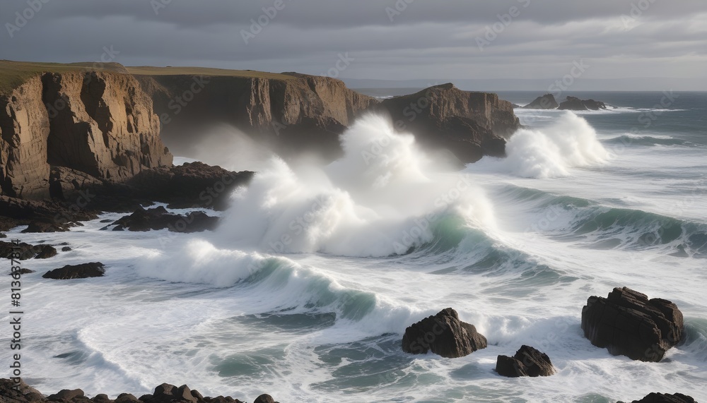 Fototapeta premium Powerful waves crash over rugged cliffs along the Irish coast, showcasing the raw force of the ocean against the land