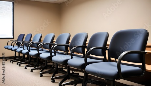 Several blue chairs neatly arranged in a conference room, ready for a meeting or presentation