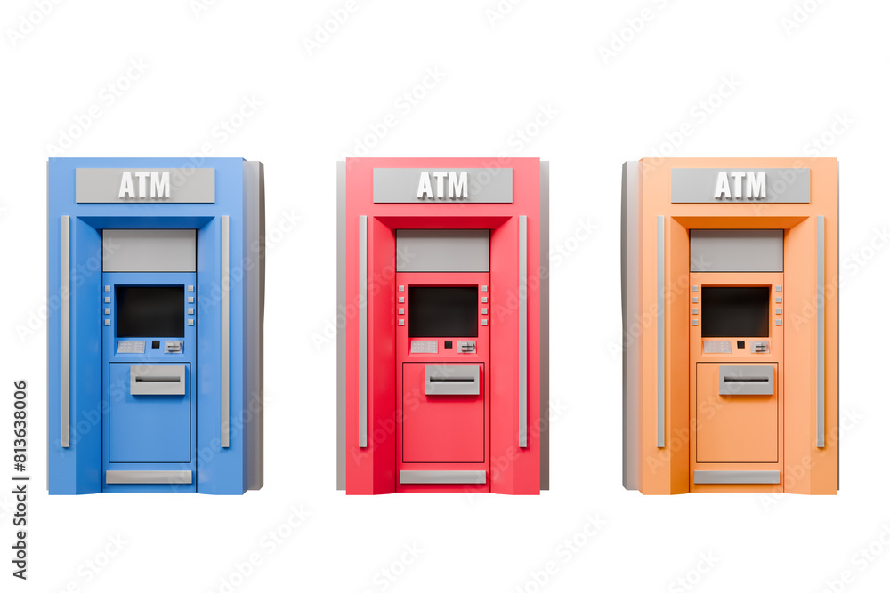 3D Three colored ATM automatic deposit machine icon isolated on blue background. Money transfer account online concept, E-business finance money payment service concept. Minimal ATM icon.3d render. 3D Three colored ATM automatic deposit machine icon isolated on blue background. Money transfer account online concept, E-business finance money payment service concept. Minimal ATM icon.3d render.