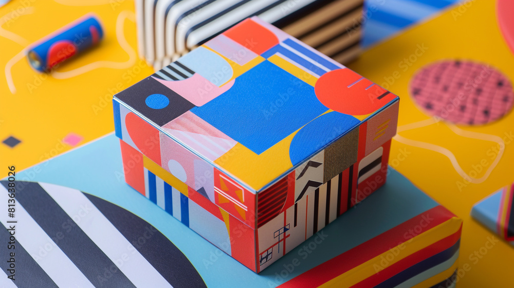 A small gift box with a retro-inspired design, featuring bold colors and geometric patterns, reminiscent of vintage 1960s style,