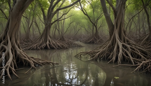 A dense mangrove forest thriving in the center of a flowing river