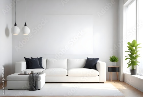 A white living room featuring a white couch and a plant on a side table