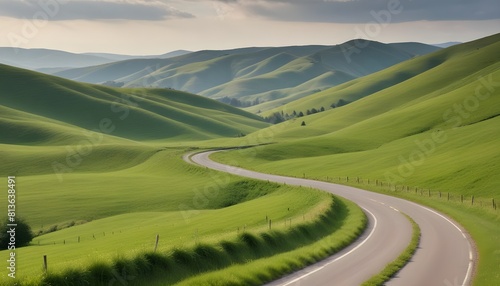A winding road cuts through lush green hills under the blue sky