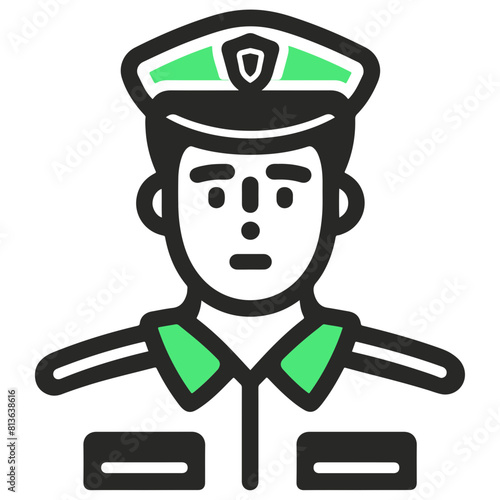 An icon in black, white, and green, depicting a customs officer, key in managing international trade and logistics regulations.