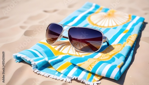 Sunglasses resting on a colorful towel, placed on the sandy beach with ocean waves in the background under a clear sky