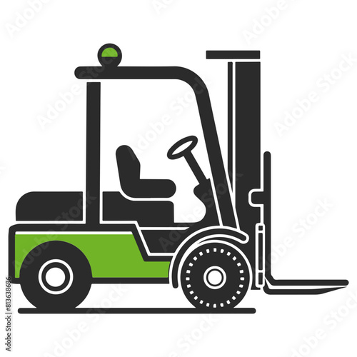 Simple icon representing a forklift in black, white, and green, essential for warehouse operations in logistics.