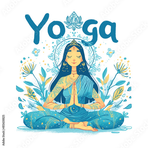 A woman is sitting in a lotus position with her hands together in front of her. The word  Yoga  is written in the upper right corner