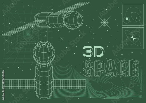 3D Space Illustration, Spacecraft, Surfaces, Stars, Perspective Grid 1980s Computer Graphics Stylization, Digital Objects Style Vector Elements