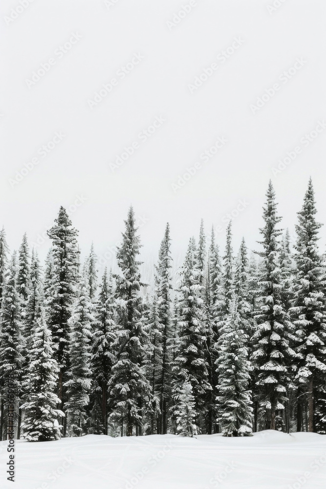 Capture the quiet beauty of a snow-covered evergreen forest, with tall trees standing tall against a backdrop of pristine white snow. The minimalist composition, with just the trees and snow. Capture the quiet beauty of a snow-covered evergreen forest, with tall trees standing tall against a backdrop of pristine white snow. The minimalist composition, with just the trees and snow.