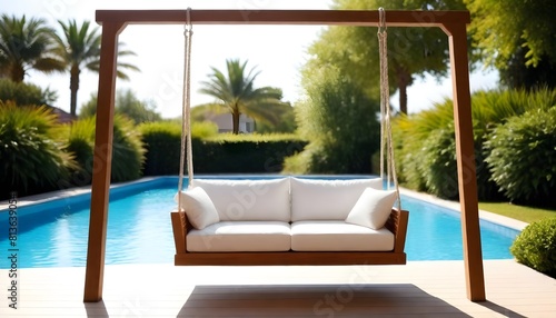 A wooden swing chair positioned next to a clear blue pool on a sunny day