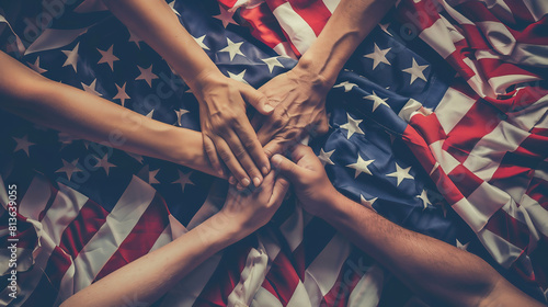 Strength in unity. Human hands and American flags, convey powerful message of strength in unity. Contemporary art. Concept of Independence Day of America, history, patriotism, 4th of July photo