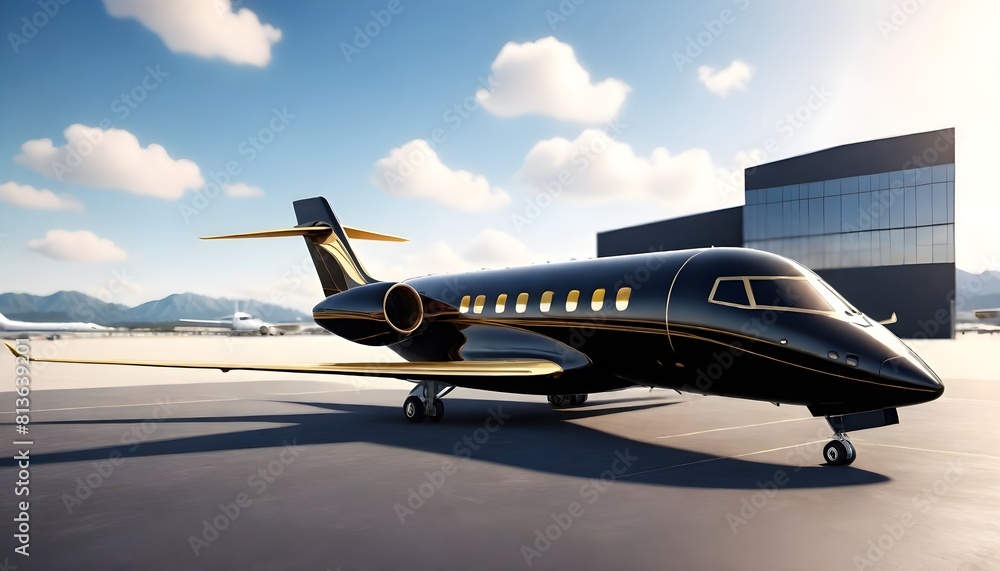 A luxurious private jet is parked in front of a modern building, showcasing wealth and sophistication