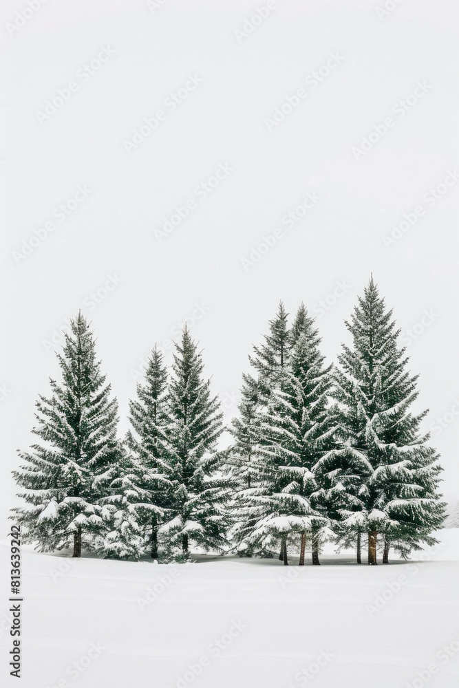 Obraz premium Capture the quiet beauty of a snow-covered evergreen forest, with tall trees standing tall against a backdrop of pristine white snow. The minimalist composition, with just the trees and snow.