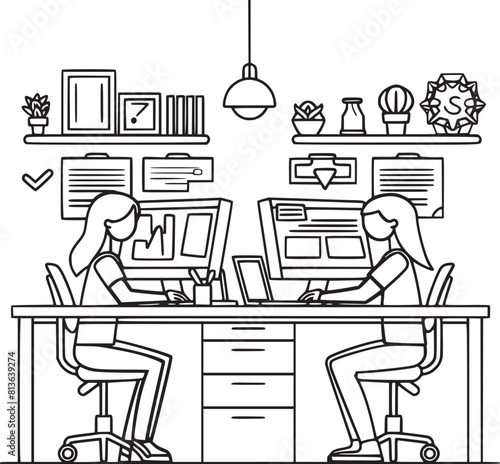 vector illustrations with flat cartoon characters working in office, co-working space or remotely at home, freelance, self-employment. People work at computers and laptops in modern interior.