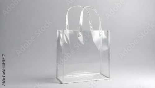 A transparent plastic shopping bag sits on a plain gray surface, highlighting its simplicity and functionality