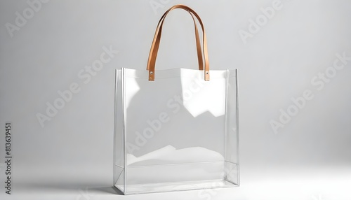 A clear shopping bag with a sturdy leather handle hanging against a white background