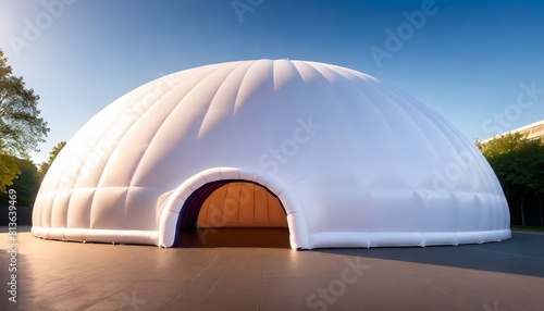 A white inflatable dome structure stands in the center of a parking lot, surrounded by empty spaces and cars photo