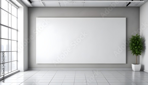 An empty room featuring a large white poster hanging on the wall  creating a minimalist atmosphere