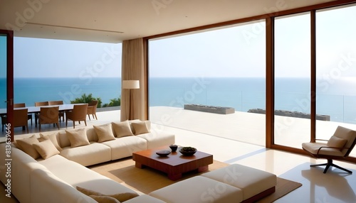 Expansive living room featuring floor-to-ceiling windows with a view of the vast ocean