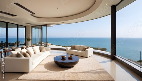 A living room featuring a view of the ocean with a large window showcasing the beautiful blue waters and waves in the distance
