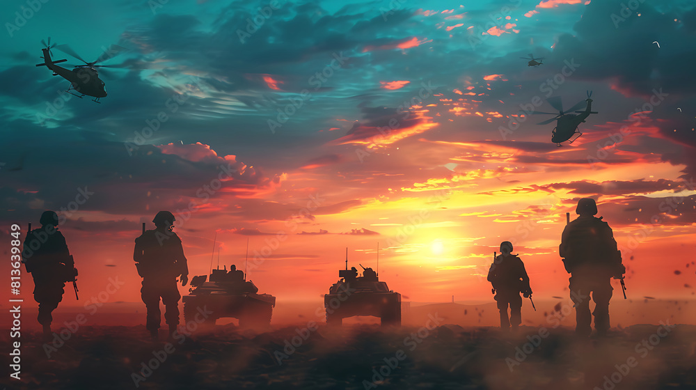Fototapeta premium Military silhouettes fighting scene on war at sunset. World War. Armored vehicles. War Concept. Generative AI illustration 
