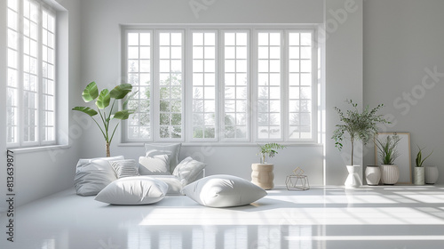 Bright and minimalist living room with an all-white decor, oversized windows, and subtle gray accents.