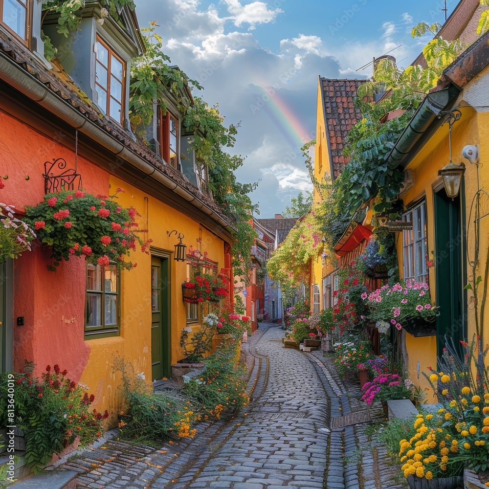 Charming European Alley with Cobblestone Path and Colorful Houses Charming European Alley with Cobblestone Path and Colorful Houses