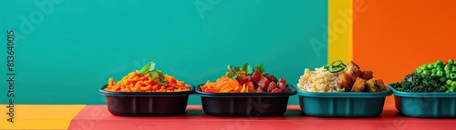 A dynamic angle capturing the arrangement of various specialty diet lunchboxes on a multi-colored table, vibrant colors in focus, set against a clean, minimalist background, wide s photo