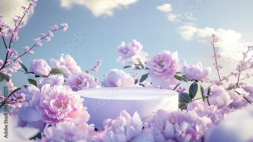 Fototapeta Naklejka Na Ścianę i Meble -  3D podium background with spring peonies flowers. Product display, podium stand, floral mockup. Spring render stage